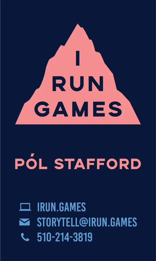 I Run Games business card: Pól Stafford, irun.games, storytell@irun.games
