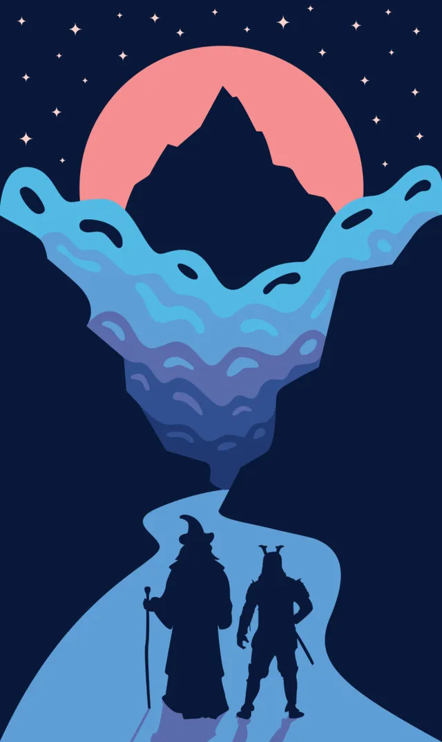 I Run Games: a wizard and a warrior walking a blue river under a coral moon